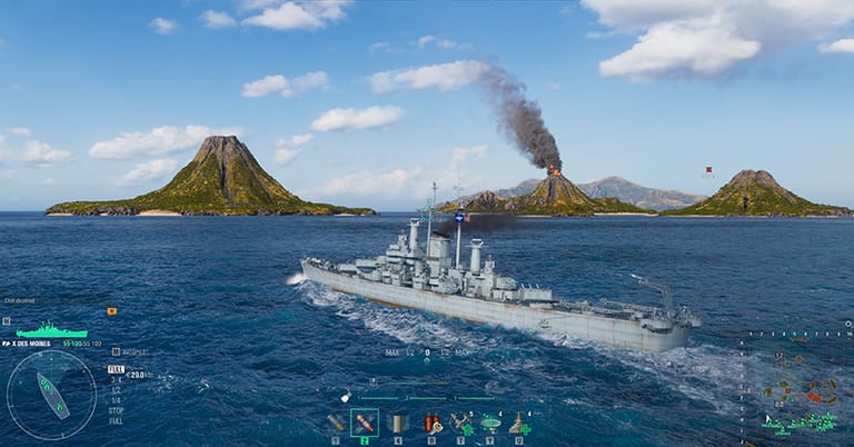 World of Warships gameplay: a cruiser sails past two islands, one of them burning, with the in-game interface showing speed, consumables and the minimap.
