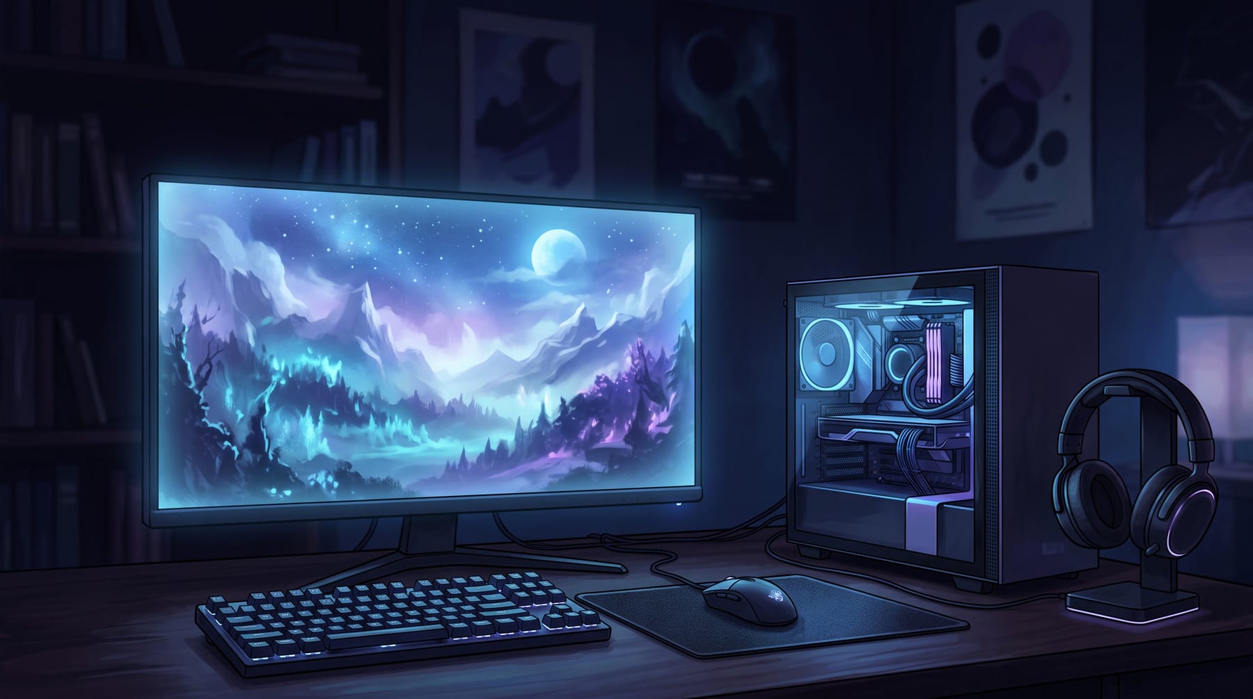 A tidy PC gaming desk at night: a wide monitor glowing with an abstract game world, a mechanical keyboard, a mouse and a small tower PC with soft violet-blue lighting.
