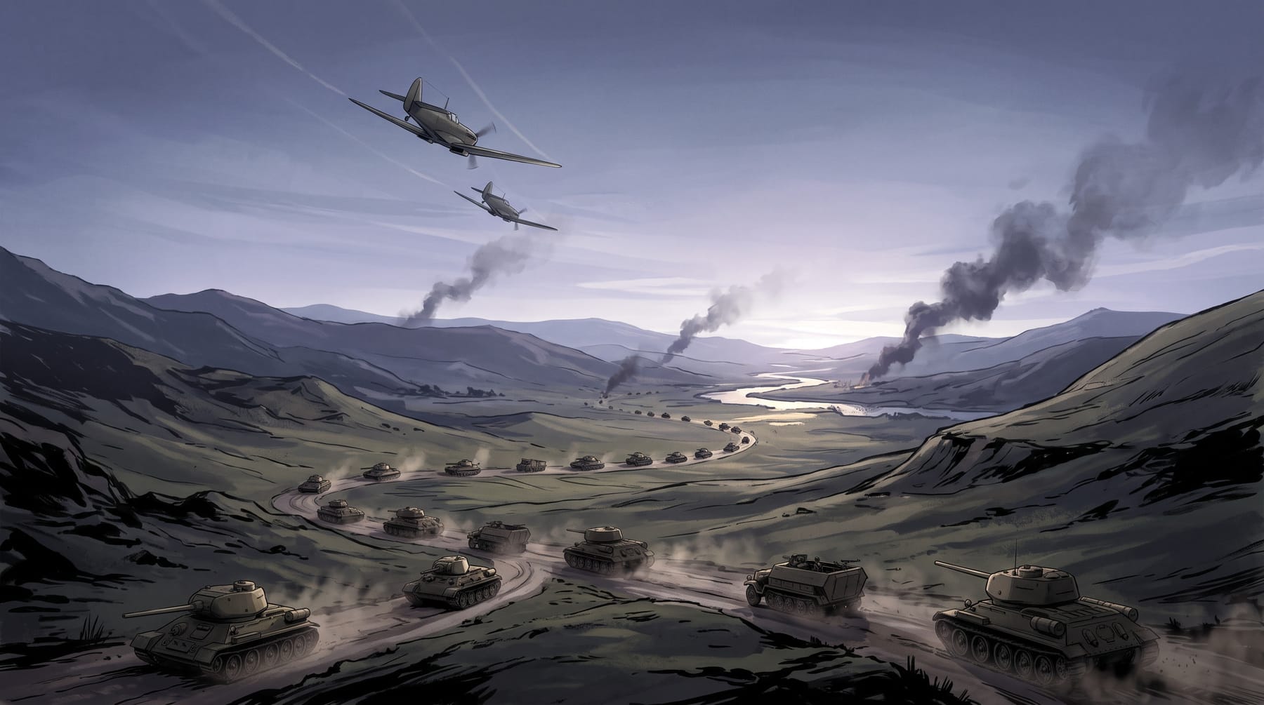 A column of mid-century tanks advancing through a misty valley at dawn while two propeller fighters bank overhead, smoke rising in the distance.