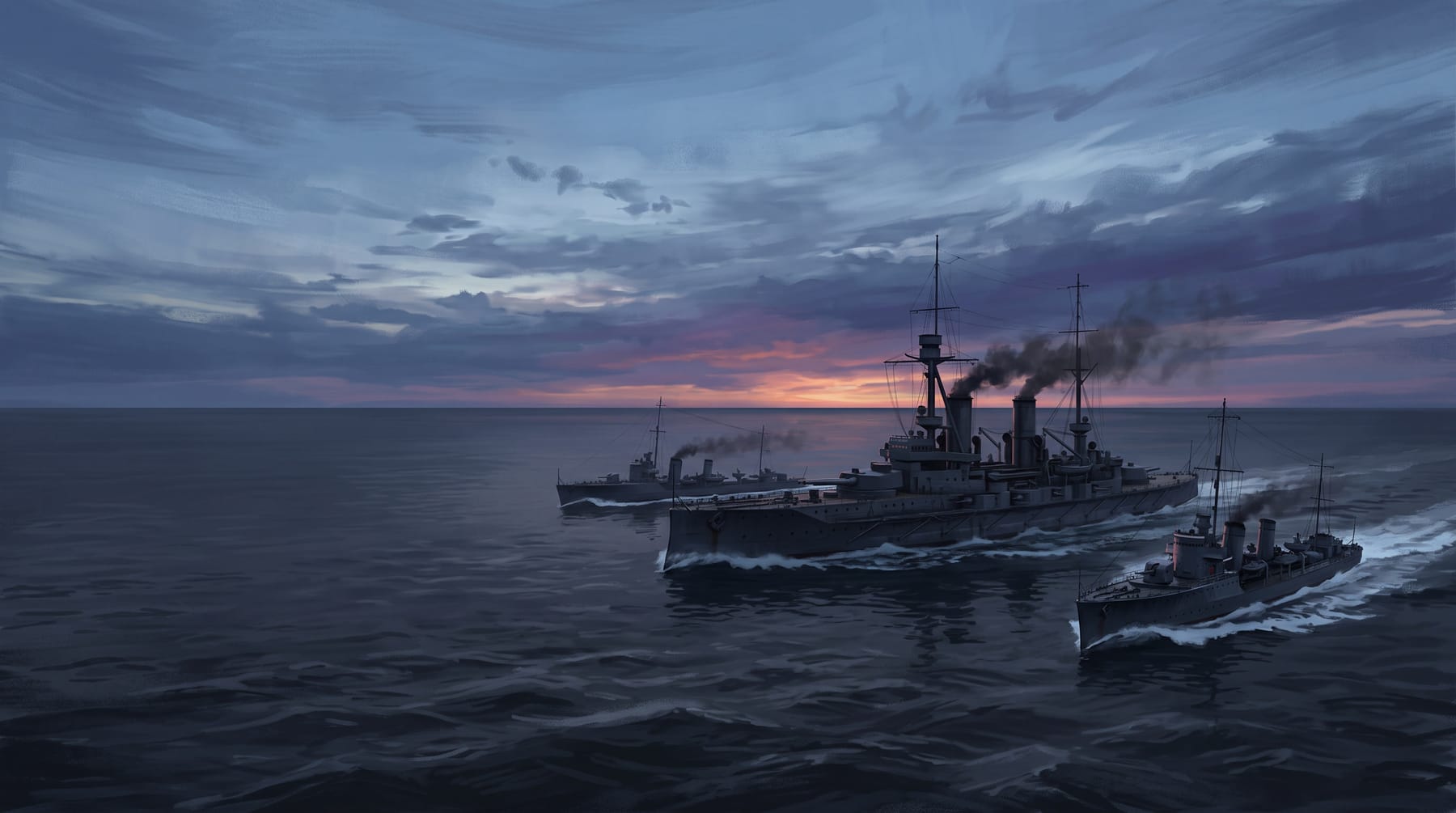 A steel battleship at sea flanked by two destroyers cutting white wakes, under a wide dusk sky with a violet glow along the horizon.