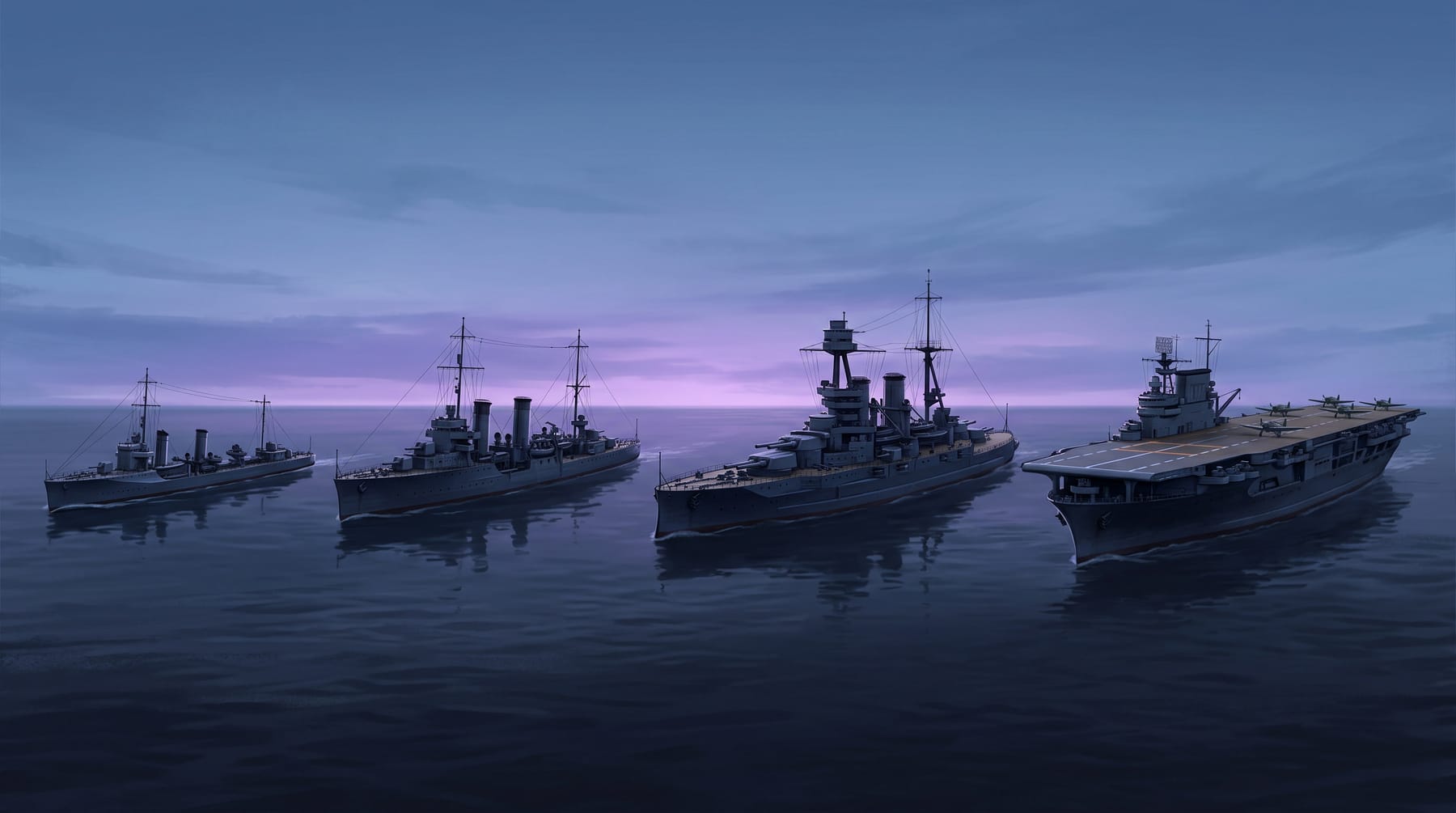 Four early-20th-century warship silhouettes in a line at sea, small to large: a slim destroyer, a mid-sized cruiser, a heavy battleship and a flat-decked aircraft carrier, lit by a low violet-blue dusk.