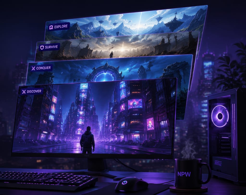 A gaming desk at night: a wide monitor showing a neon-lit city street, with three more game worlds fanned out above it — floating islands, a ruined temple under a comet, and a glowing portal.
