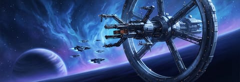 A ringed deep-space station with docking arms, a small fleet of starships holding formation beside it, and a blue-violet nebula over a distant planet.