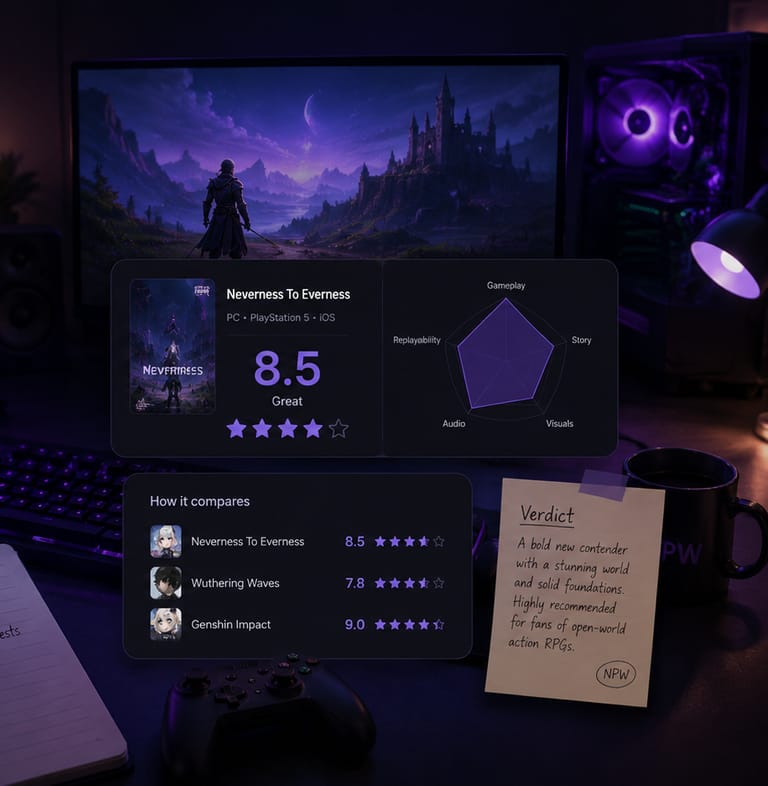 A reviewer's desk at night: a monitor showing a fantasy landscape, a scorecard with a rating and a comparison chart, a notebook of pros and cons, and a handwritten verdict note.