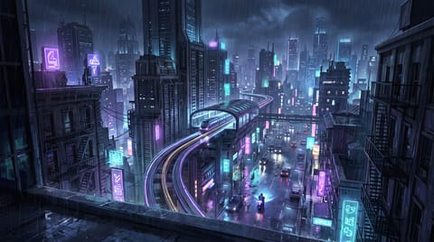 A rain-washed neon city street at night seen from a rooftop: glowing signs in violet and teal, a monorail curving between towers and a lone figure on a scooter below.