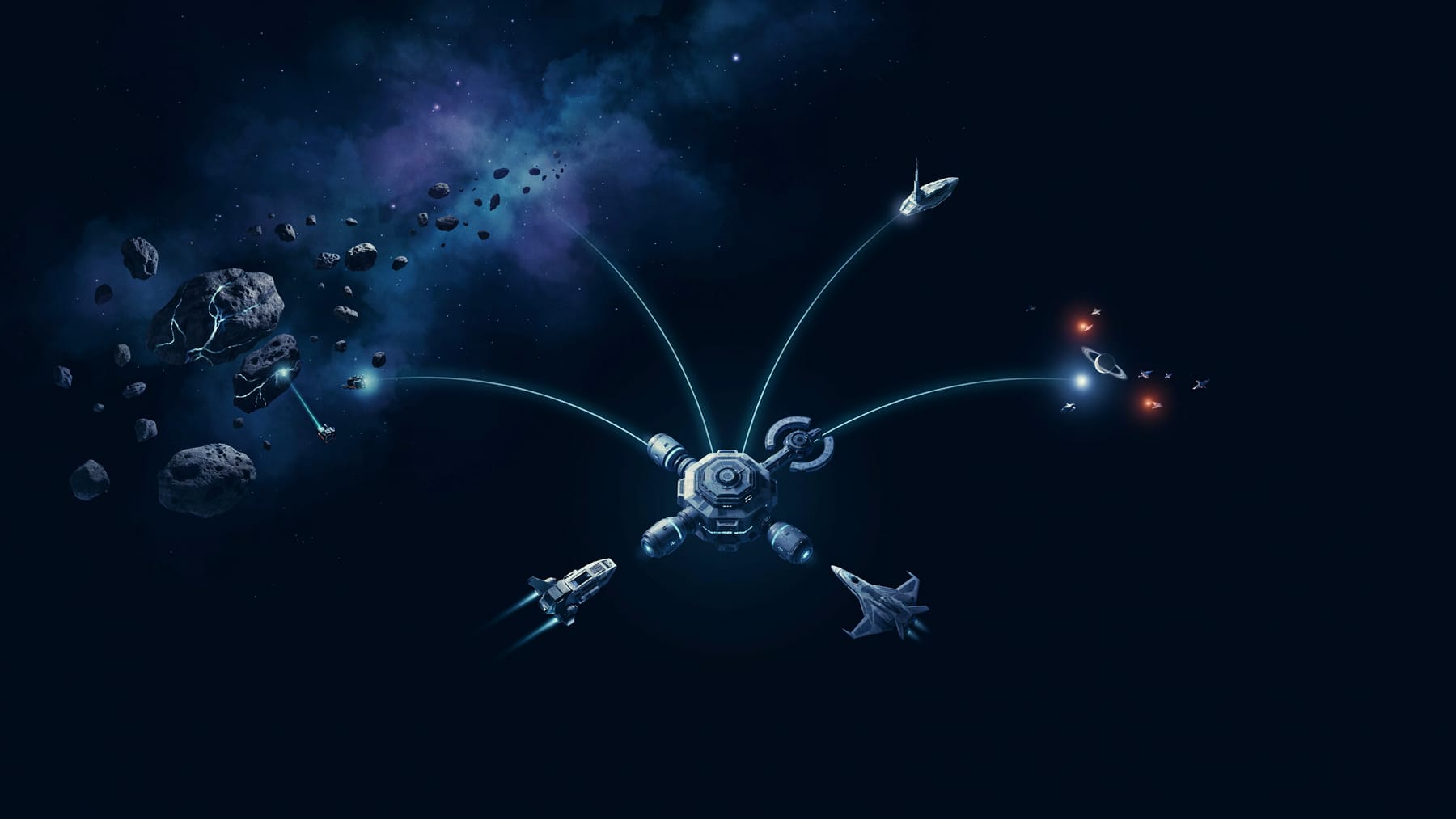 A compact space station at the centre with three small starships departing along glowing routes toward a mining asteroid field, a distant contested system and an unexplored nebula, seen from above.
