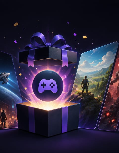A black gift box tied with a purple ribbon bursting open with light and a glowing controller icon, with panels of game art fanned out behind it.
