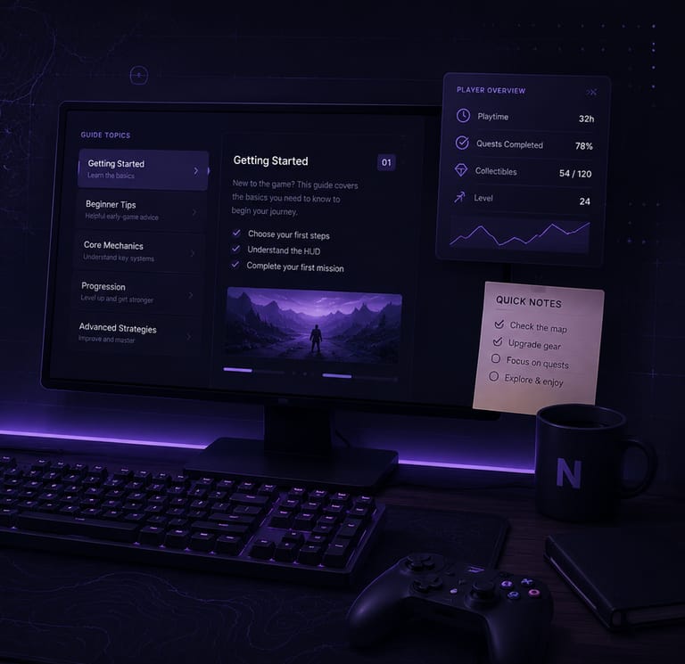 A dim desk with a monitor showing a game guide interface, a hand-drawn map in a notebook, a controller and a mug lit by purple light.