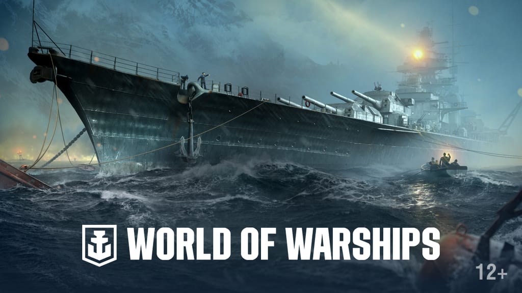 Official World of Warships promotional art: a battleship riding heavy seas at night, its bow towering over a small boat of sailors.