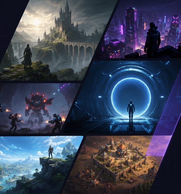 A mosaic of five game worlds: a cliff-top castle at dawn, a rain-soaked neon skyline, a squad fighting a giant mech, a bright fantasy valley and an isometric medieval town.