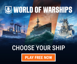 World of Warships — three warships at sea under the heading Choose Your Ship, with a Play Free Now button.