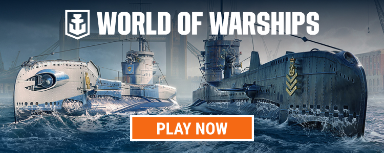 World of Warships — two submarines surfacing beside a harbour, with a Play Now button.